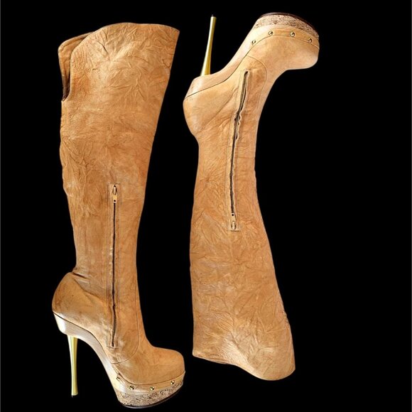 Shoes For The Stars Beige Fetish Glam OTK Leather Boots Stiletto Heel Size 8 - Picture 1 of 14